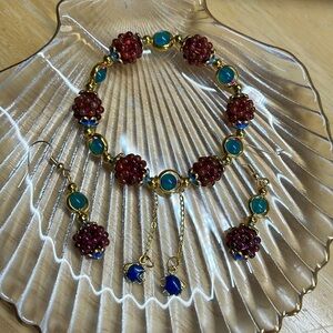 M177 Dainty Raspberry Garnet Polished Beads Braid Stretch Bracelet Set Earrings